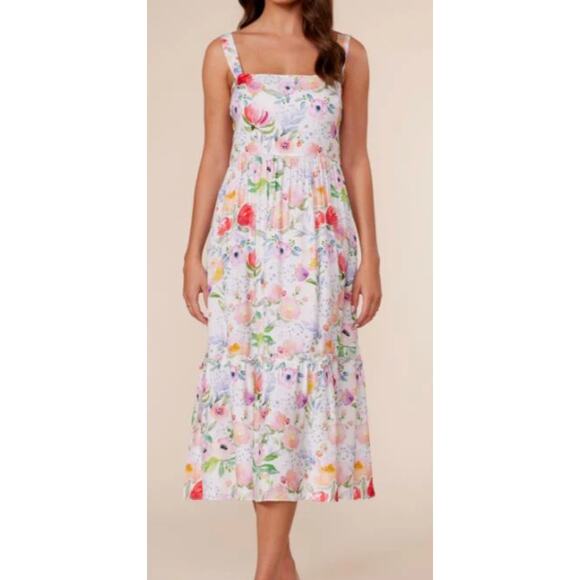 Lucy Paris Sola Dress - White Floral Tiered Midi Size Large - Picture 1 of 12